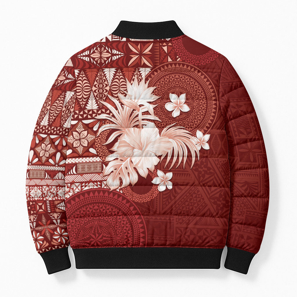 Tonga Ngatu Motifs Bomber Puffer Jacket With Coat Of Arms Red LT05 - Polynesian Pride