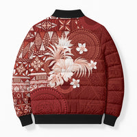 Tonga Ngatu Motifs Bomber Puffer Jacket With Coat Of Arms Red LT05 - Polynesian Pride