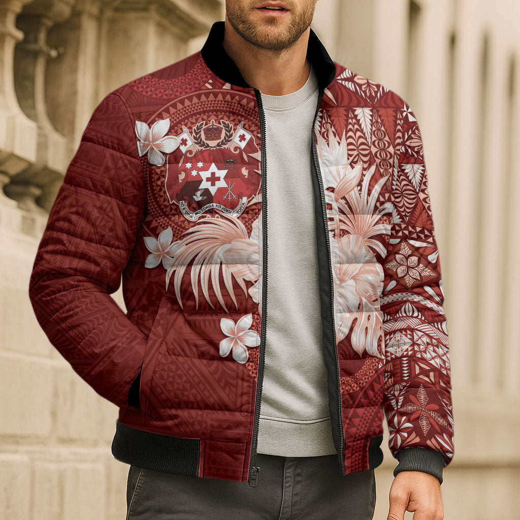 Tonga Ngatu Motifs Bomber Puffer Jacket With Coat Of Arms Red LT05 - Polynesian Pride