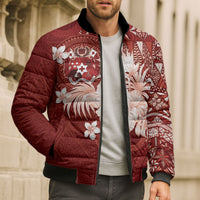 Tonga Ngatu Motifs Bomber Puffer Jacket With Coat Of Arms Red LT05 - Polynesian Pride