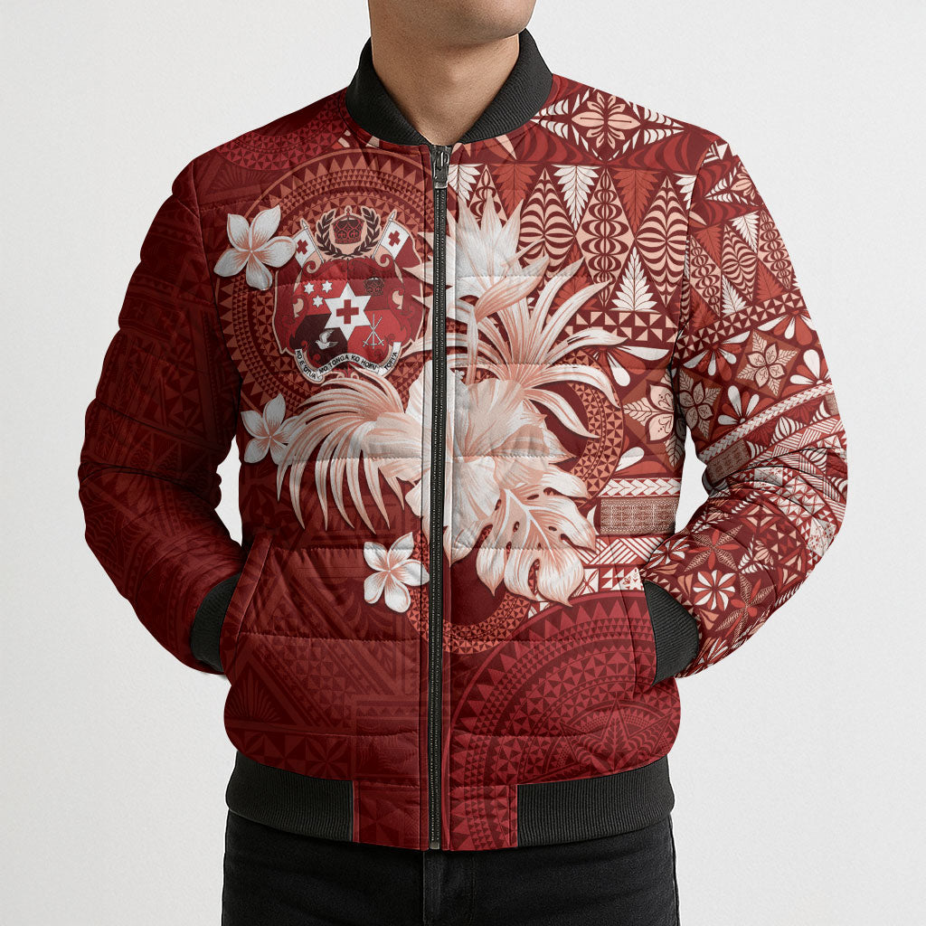 Tonga Ngatu Motifs Bomber Puffer Jacket With Coat Of Arms Red LT05 - Polynesian Pride