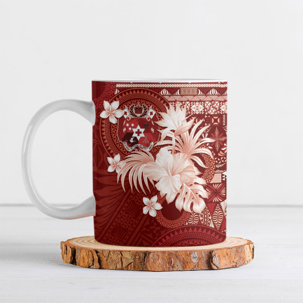 Tonga Ngatu Motifs Ceramic Mug With Coat Of Arms Red LT05 Red - Polynesian Pride