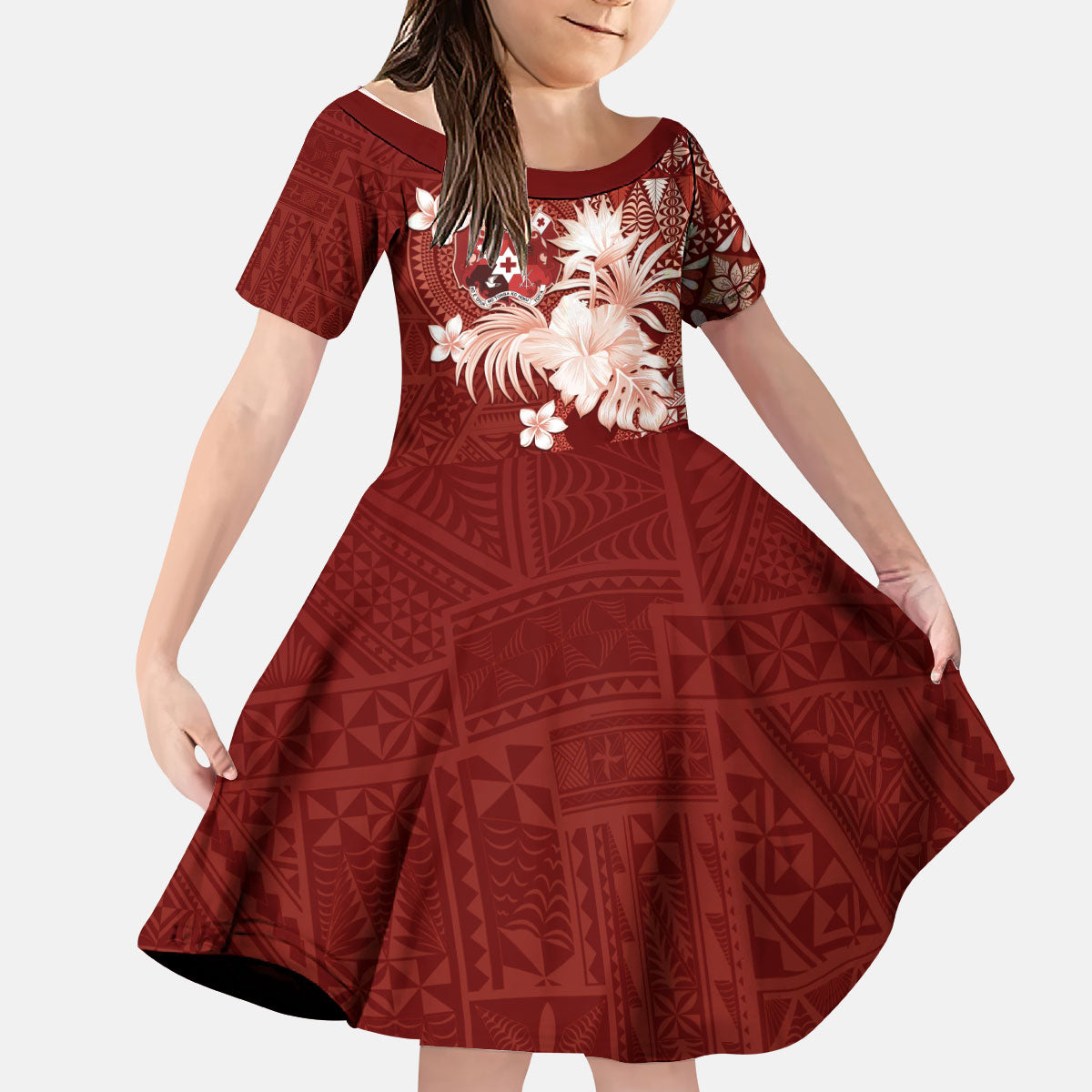 Tonga Ngatu Motifs Kid Short Sleeve Dress With Coat Of Arms Red LT05 KID Red - Polynesian Pride