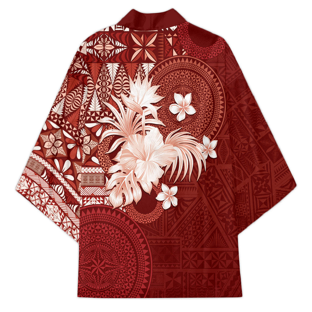 Tonga Ngatu Motifs Kimono With Coat Of Arms Red LT05 - Polynesian Pride