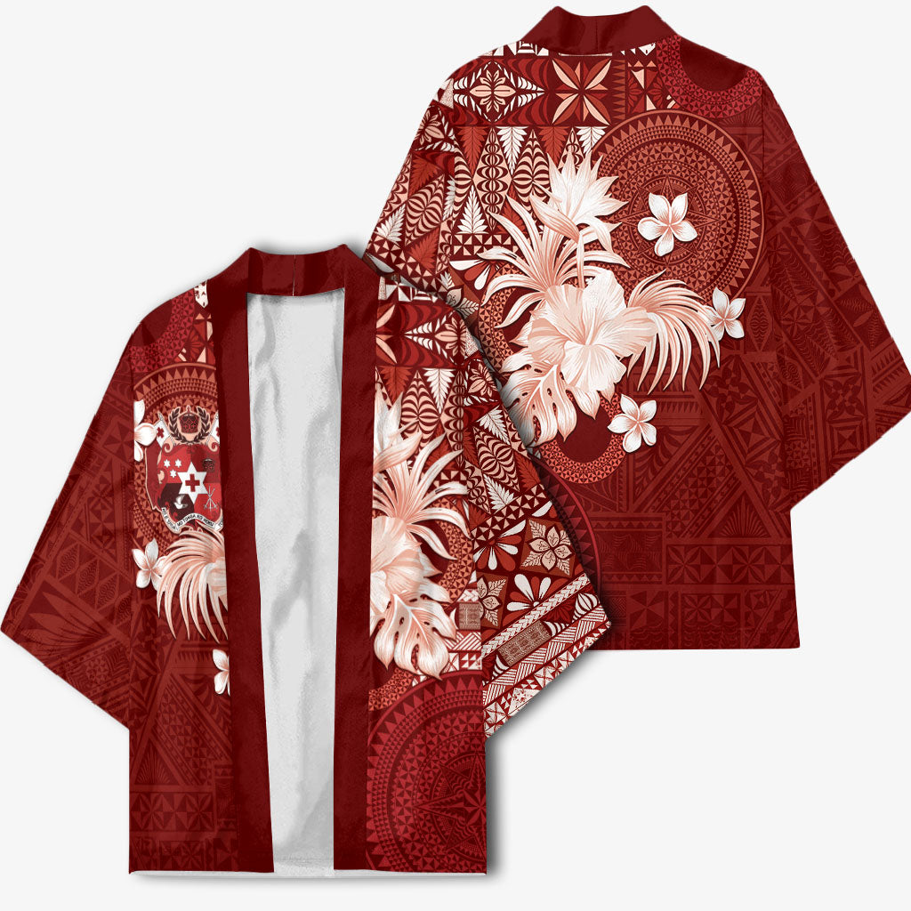 Tonga Ngatu Motifs Kimono With Coat Of Arms Red LT05 - Polynesian Pride