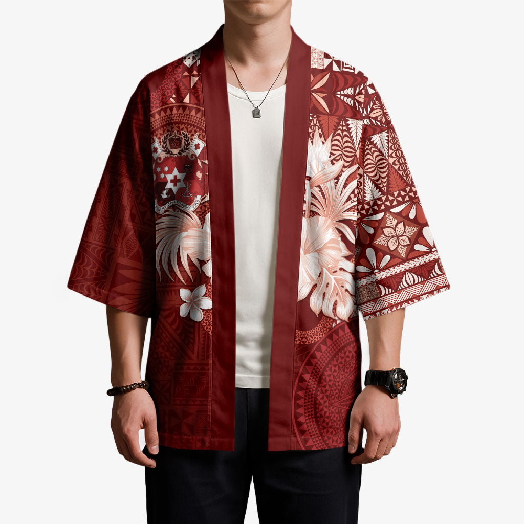 Tonga Ngatu Motifs Kimono With Coat Of Arms Red LT05 - Polynesian Pride