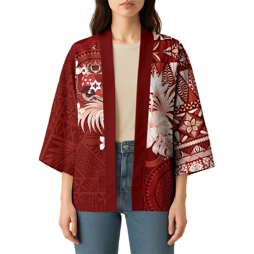 Tonga Ngatu Motifs Kimono With Coat Of Arms Red LT05 - Polynesian Pride