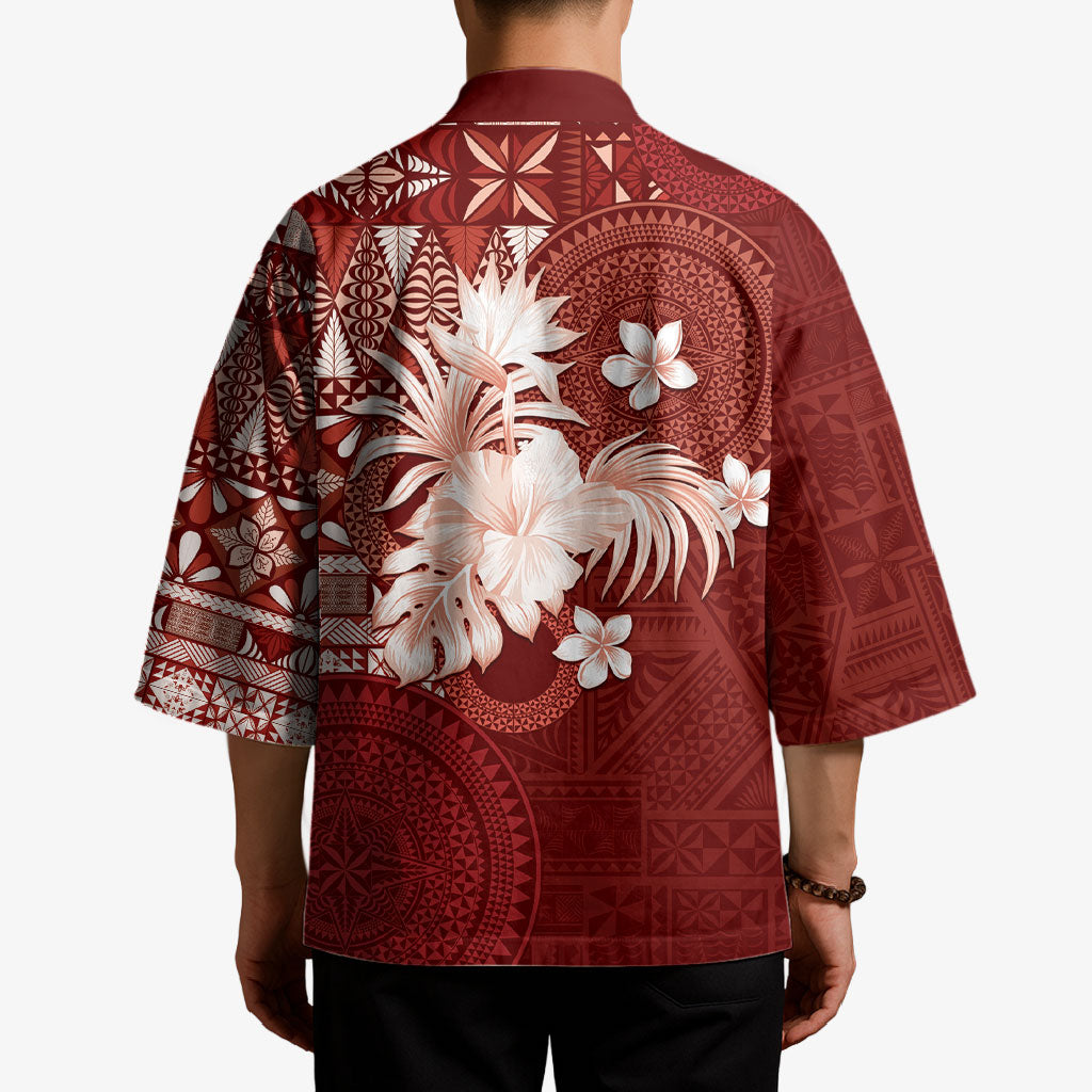 Tonga Ngatu Motifs Kimono With Coat Of Arms Red LT05 - Polynesian Pride
