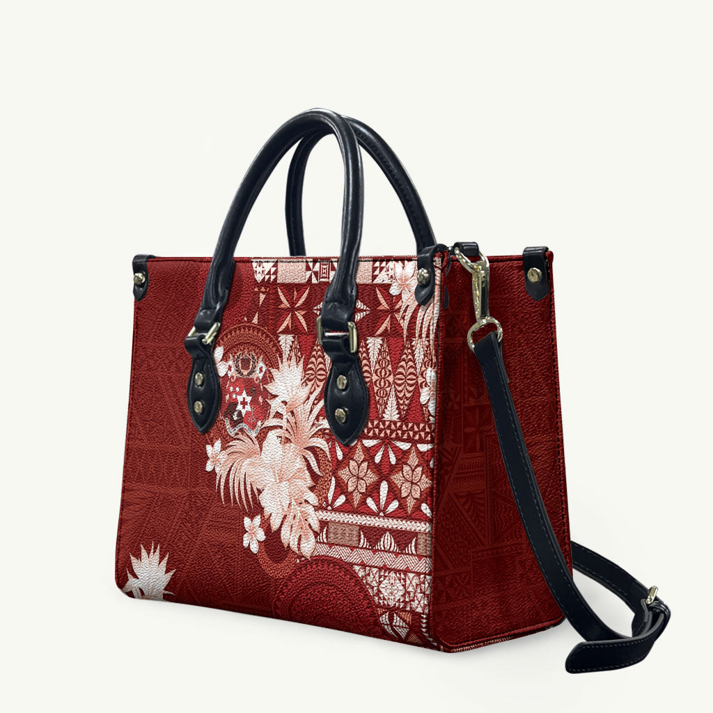Tonga Ngatu Motifs Leather Bag With Coat Of Arms Red LT05 Red - Polynesian Pride
