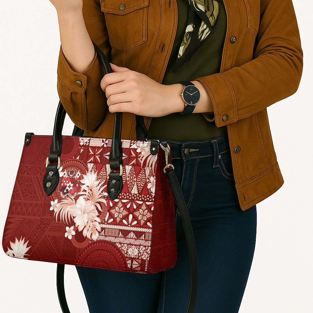 Tonga Ngatu Motifs Leather Bag With Coat Of Arms Red LT05 - Polynesian Pride