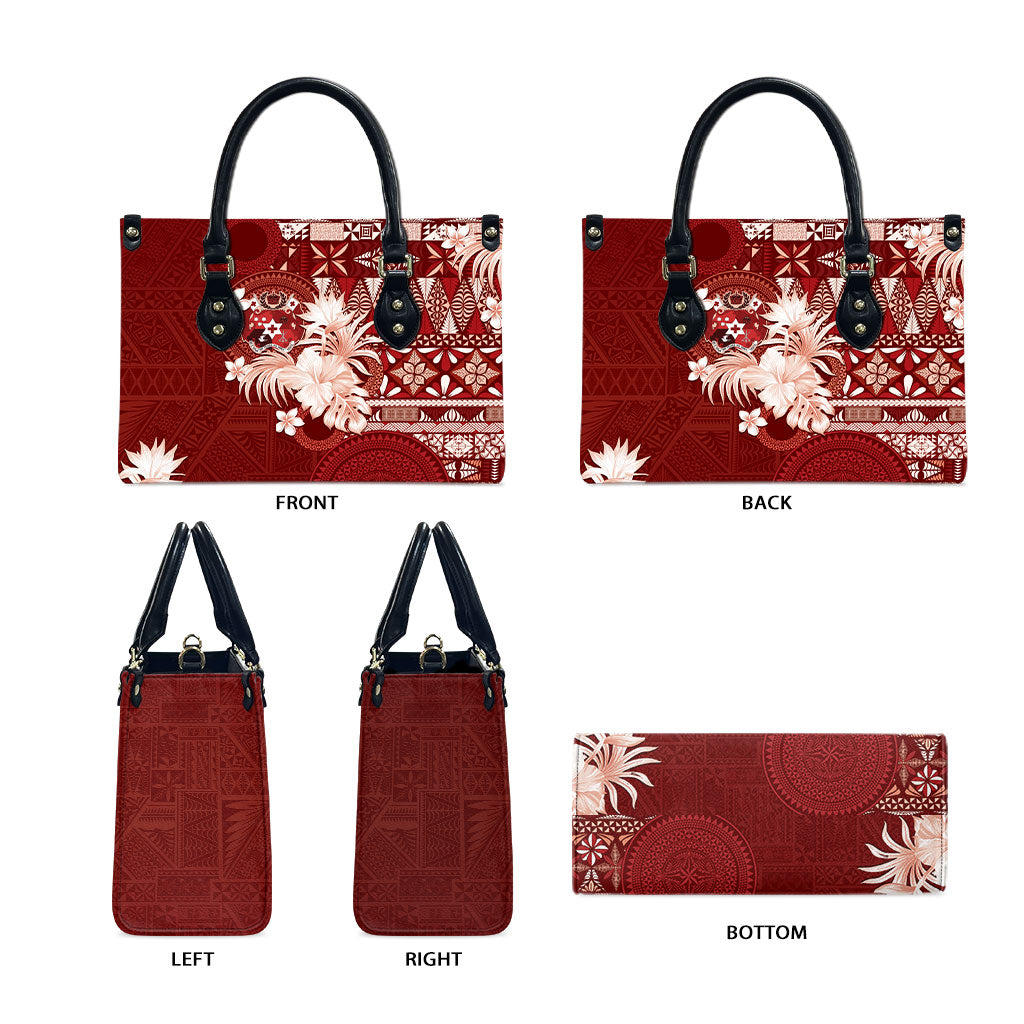 Tonga Ngatu Motifs Leather Bag With Coat Of Arms Red LT05 - Polynesian Pride