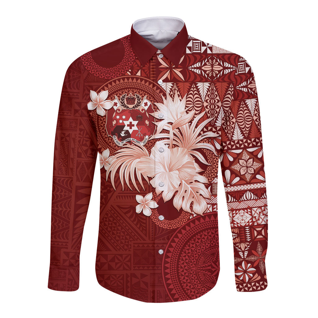 Tonga Ngatu Motifs Long Sleeve Button Shirt With Coat Of Arms Red LT05 Unisex Red - Polynesian Pride