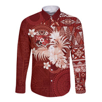 Tonga Ngatu Motifs Long Sleeve Button Shirt With Coat Of Arms Red LT05 Unisex Red - Polynesian Pride