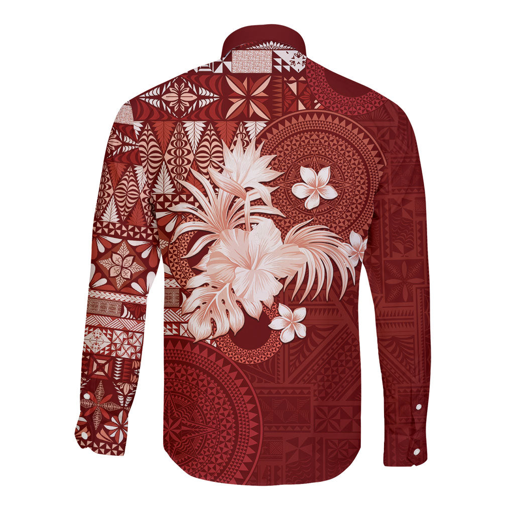 Tonga Ngatu Motifs Long Sleeve Button Shirt With Coat Of Arms Red LT05 - Polynesian Pride