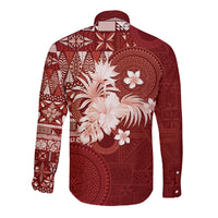 Tonga Ngatu Motifs Long Sleeve Button Shirt With Coat Of Arms Red LT05 - Polynesian Pride