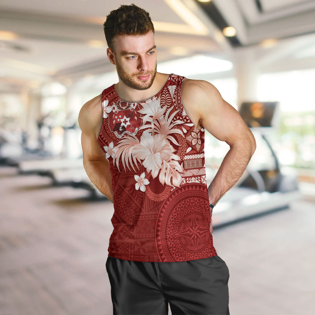 Tonga Ngatu Motifs Men Tank Top With Coat Of Arms Red LT05 Red - Polynesian Pride