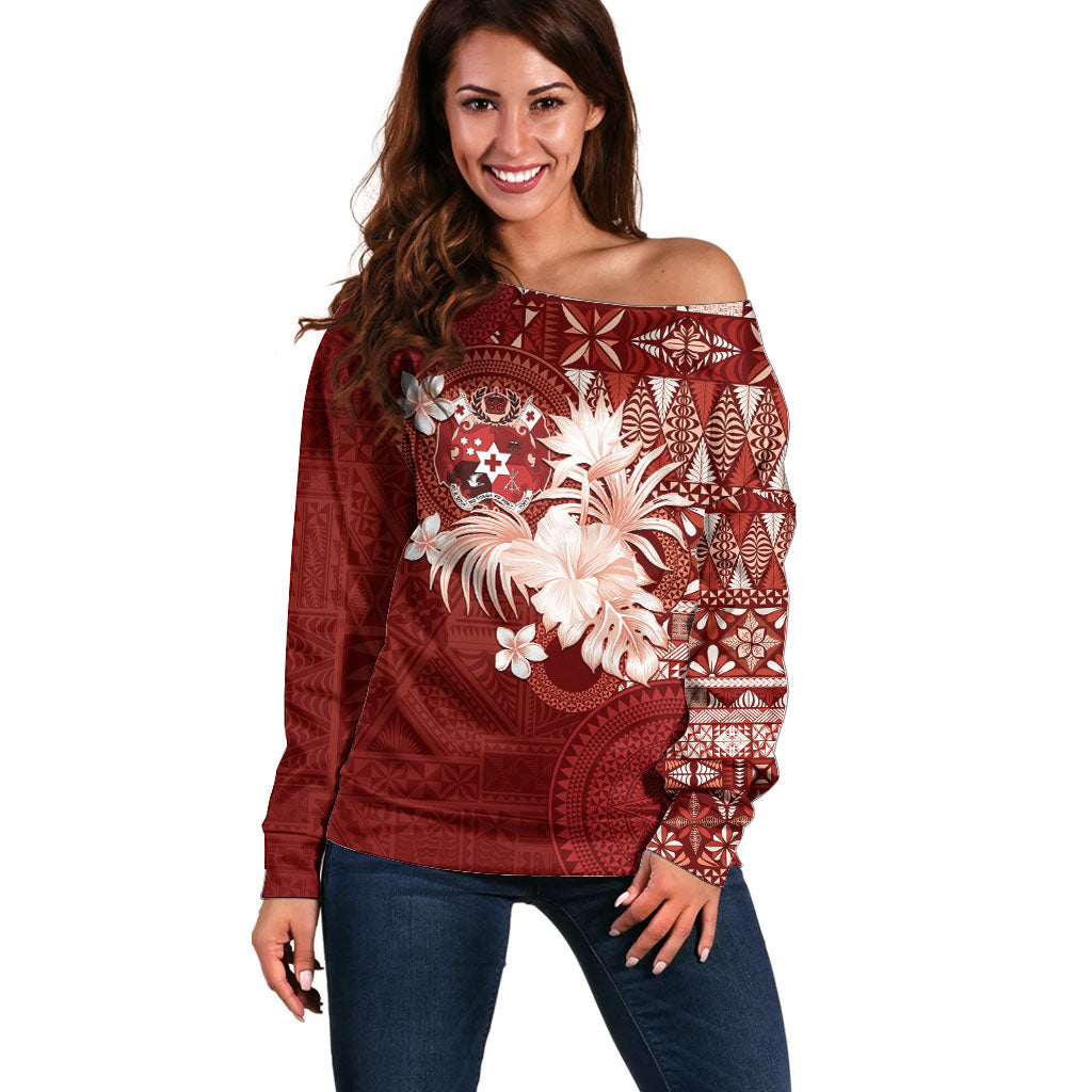Tonga Ngatu Motifs Off Shoulder Sweater With Coat Of Arms Red LT05 Women Red - Polynesian Pride