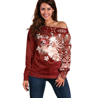 Tonga Ngatu Motifs Off Shoulder Sweater With Coat Of Arms Red LT05 Women Red - Polynesian Pride