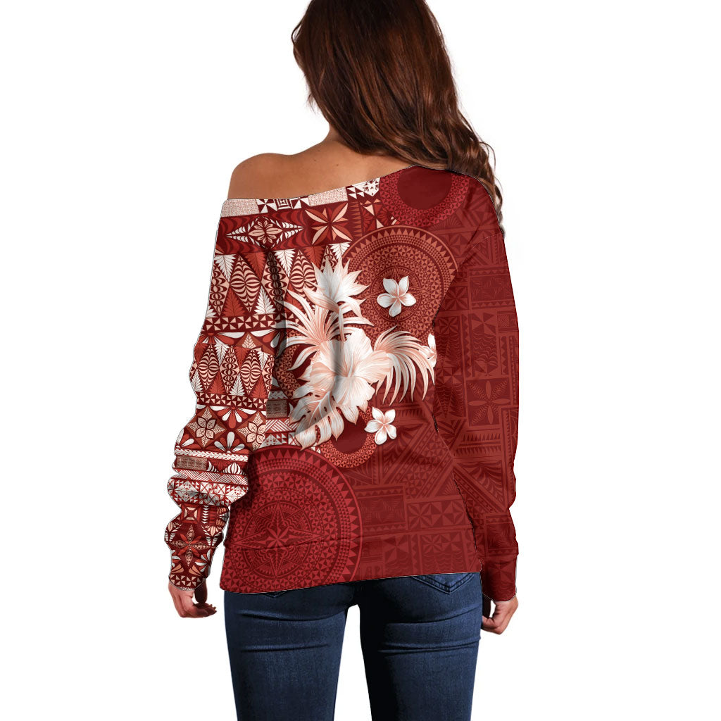 Tonga Ngatu Motifs Off Shoulder Sweater With Coat Of Arms Red LT05 - Polynesian Pride