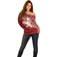 Tonga Ngatu Motifs Off Shoulder Sweater With Coat Of Arms Red LT05 - Polynesian Pride