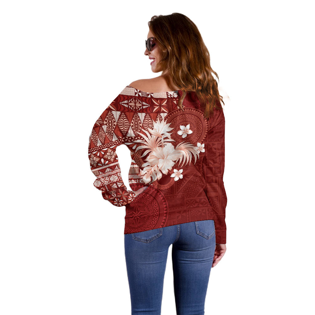Tonga Ngatu Motifs Off Shoulder Sweater With Coat Of Arms Red LT05 - Polynesian Pride
