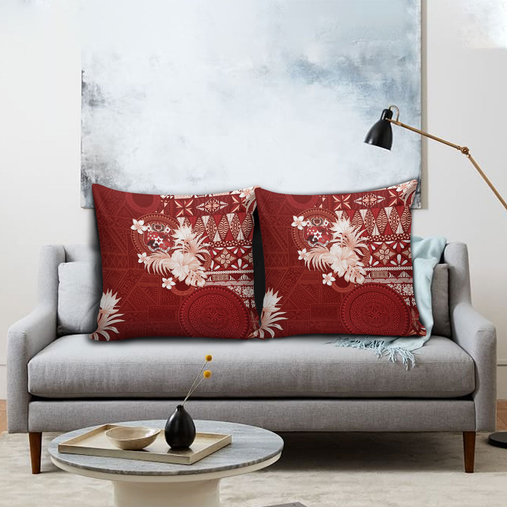 Tonga Ngatu Motifs Pillow Cover With Coat Of Arms Red LT05 - Polynesian Pride