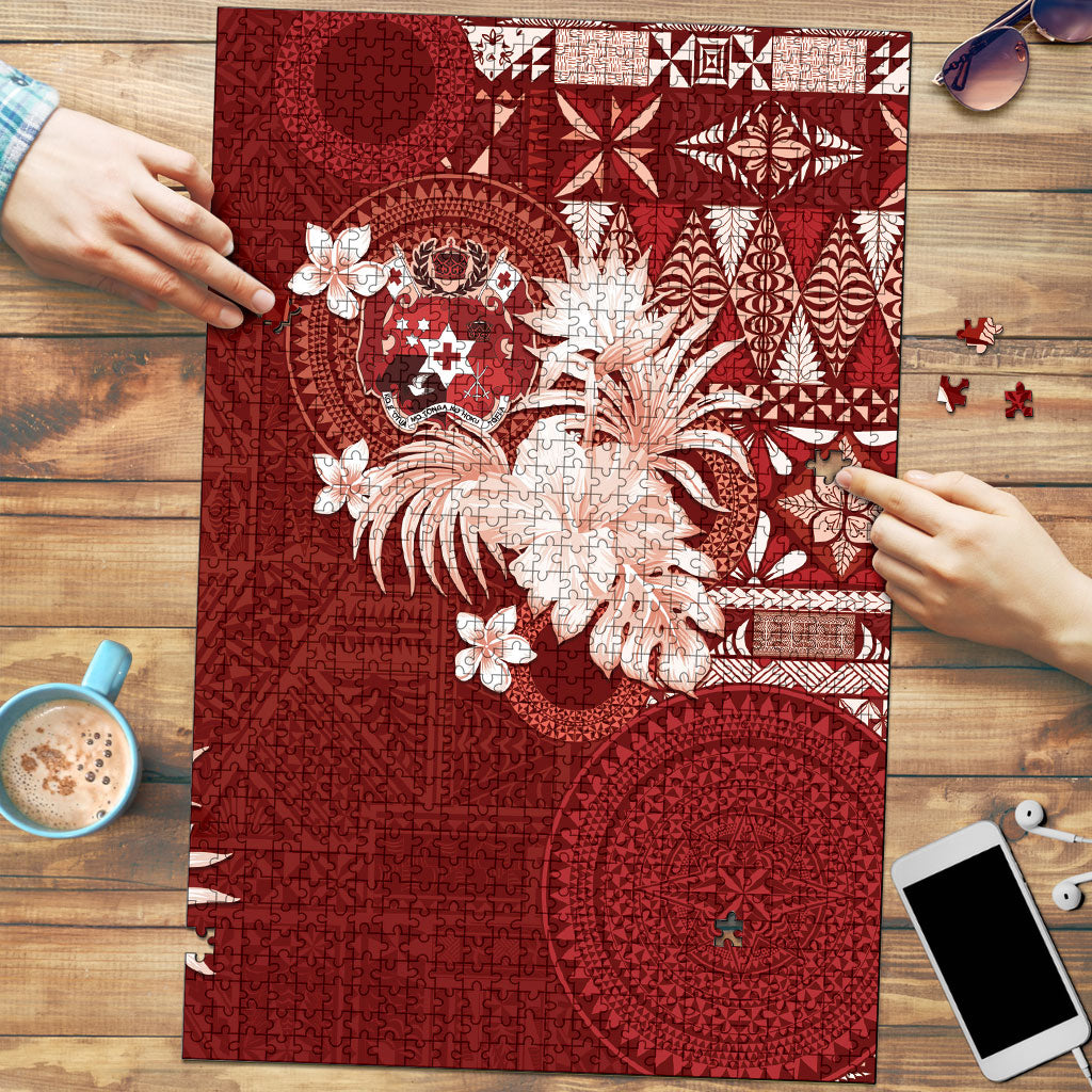 Tonga Ngatu Motifs Puzzle With Coat Of Arms Red LT05 Red - Polynesian Pride