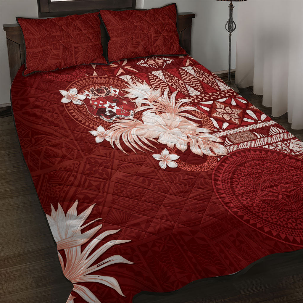 Tonga Ngatu Motifs Quilt Bed Set With Coat Of Arms Red LT05 Red - Polynesian Pride