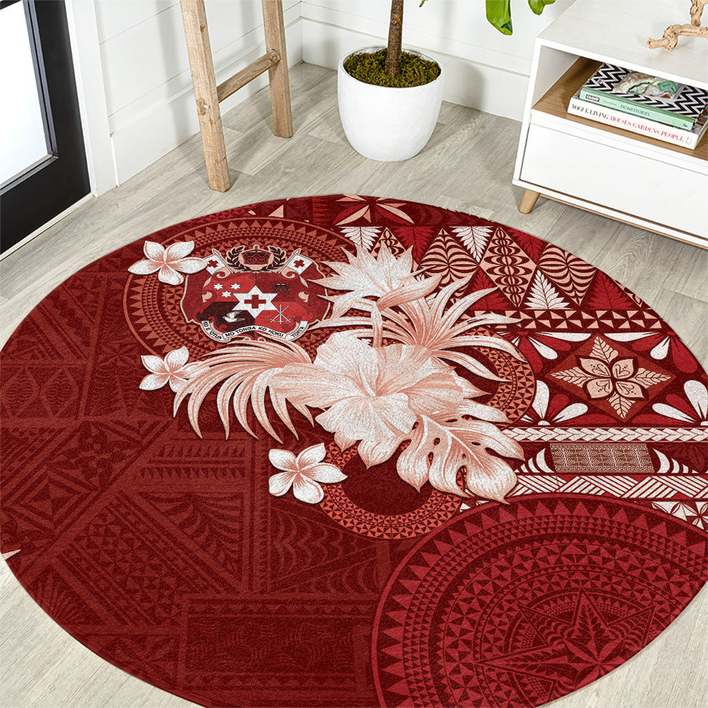 Tonga Ngatu Motifs Round Carpet With Coat Of Arms Red LT05 Red - Polynesian Pride