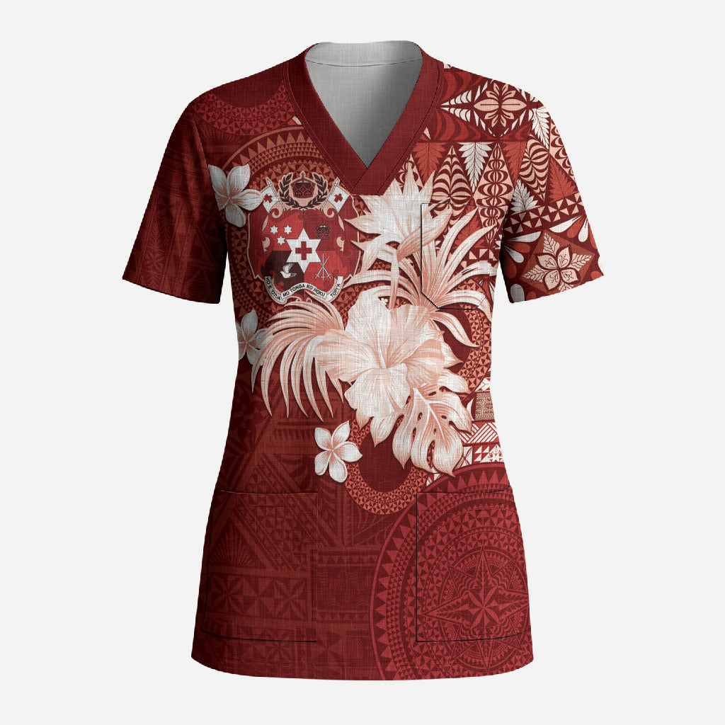 Tonga Ngatu Motifs Scrub Top With Coat Of Arms Red LT05 Adult Red - Polynesian Pride
