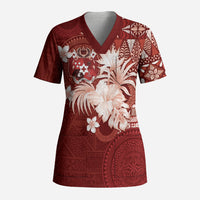 Tonga Ngatu Motifs Scrub Top With Coat Of Arms Red LT05 Adult Red - Polynesian Pride