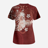 Tonga Ngatu Motifs Scrub Top With Coat Of Arms Red LT05 - Polynesian Pride