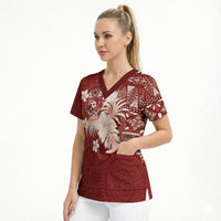 Tonga Ngatu Motifs Scrub Top With Coat Of Arms Red LT05 - Polynesian Pride