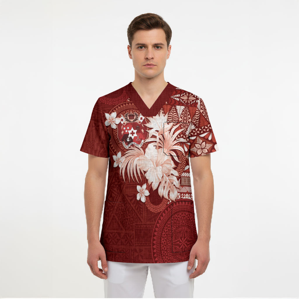 Tonga Ngatu Motifs Scrub Top With Coat Of Arms Red LT05 - Polynesian Pride