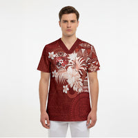Tonga Ngatu Motifs Scrub Top With Coat Of Arms Red LT05 - Polynesian Pride