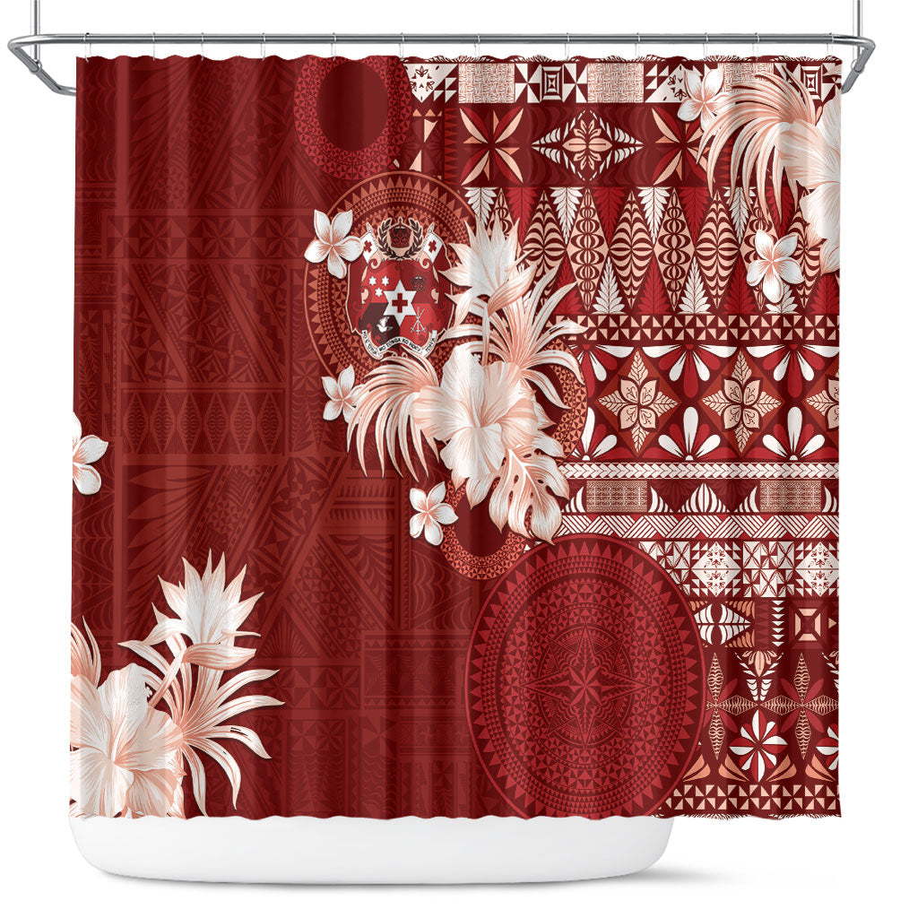 Tonga Ngatu Motifs Shower Curtain With Coat Of Arms Red LT05 Red - Polynesian Pride