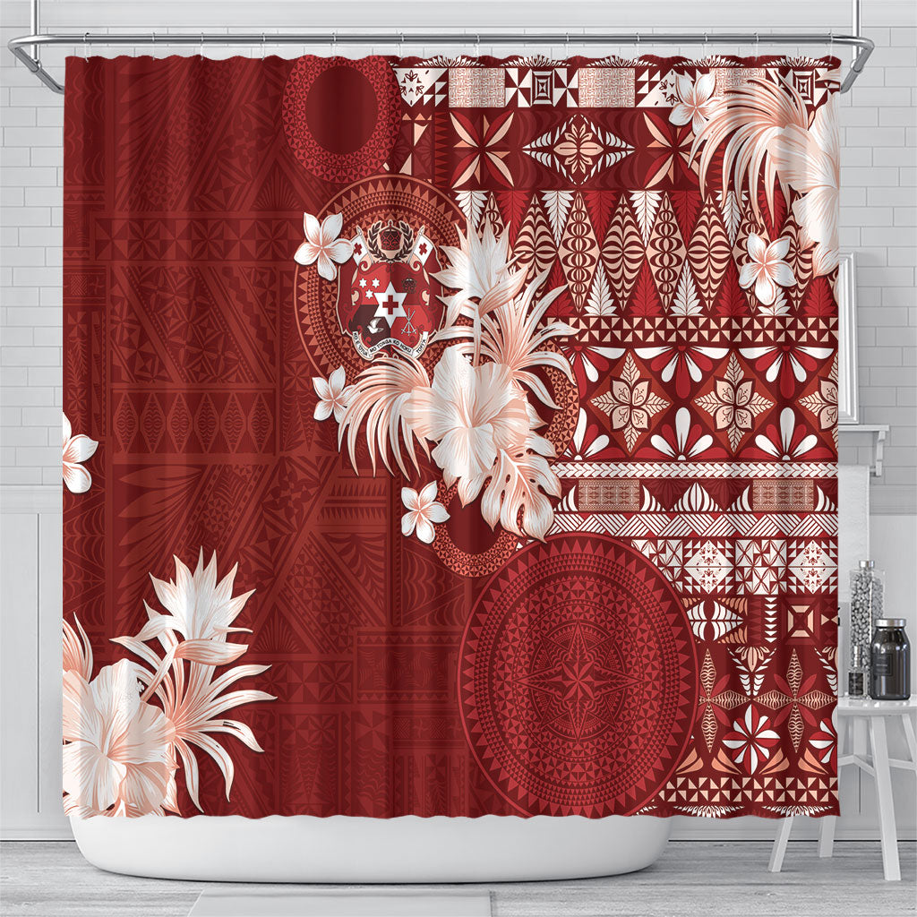 Tonga Ngatu Motifs Shower Curtain With Coat Of Arms Red LT05 - Polynesian Pride