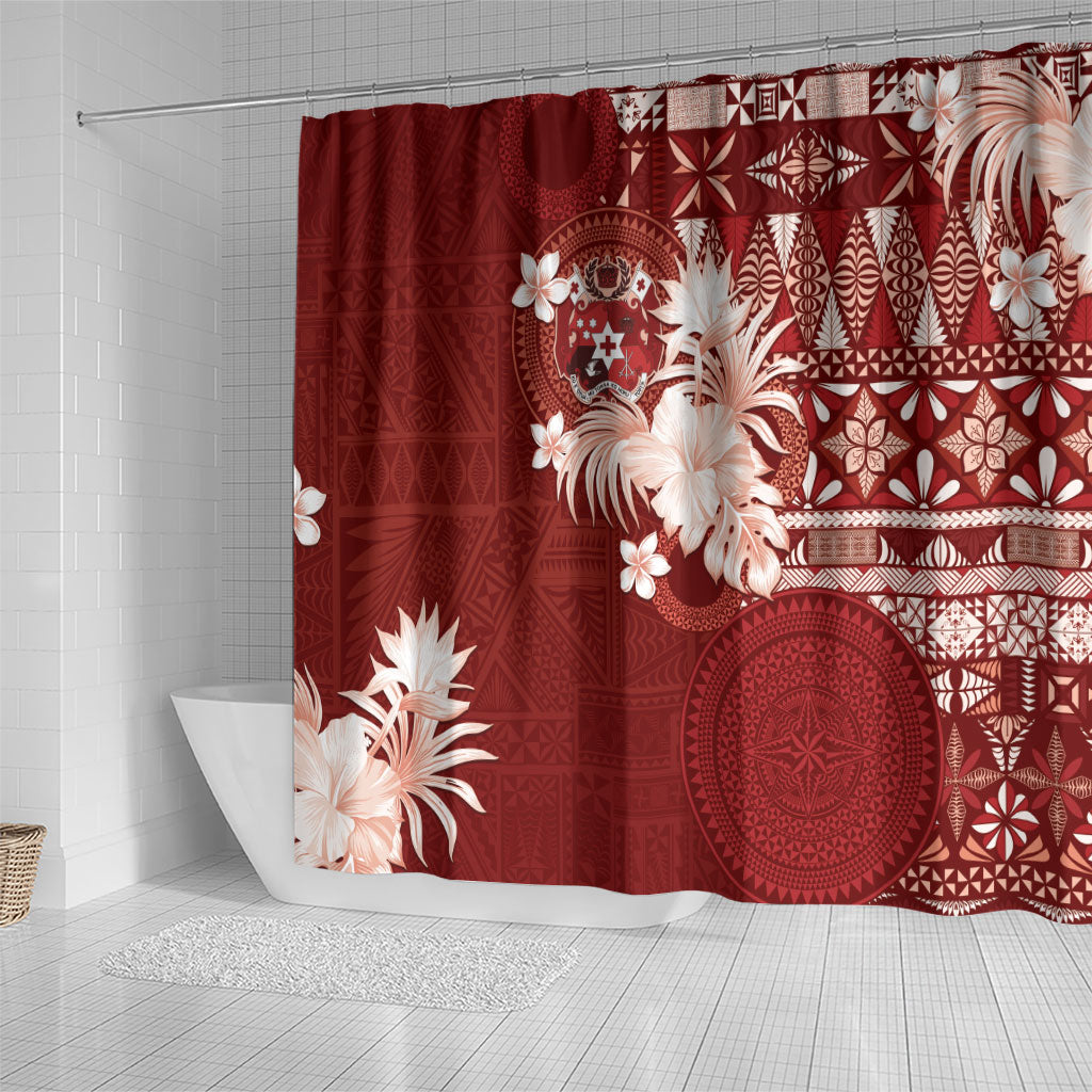 Tonga Ngatu Motifs Shower Curtain With Coat Of Arms Red LT05 - Polynesian Pride