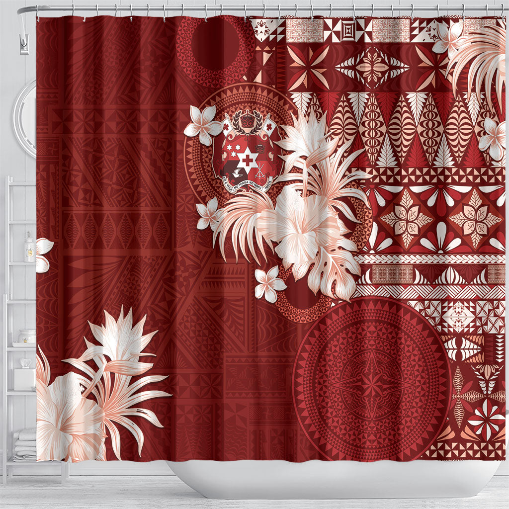 Tonga Ngatu Motifs Shower Curtain With Coat Of Arms Red LT05 - Polynesian Pride