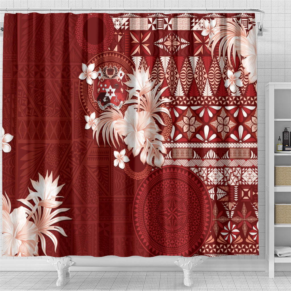Tonga Ngatu Motifs Shower Curtain With Coat Of Arms Red LT05 - Polynesian Pride