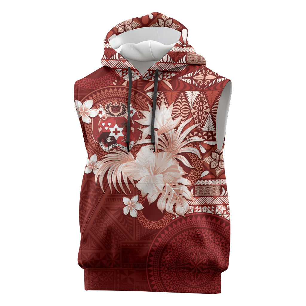Tonga Ngatu Motifs Sleeveless Hoodie With Coat Of Arms Red LT05 Red - Polynesian Pride