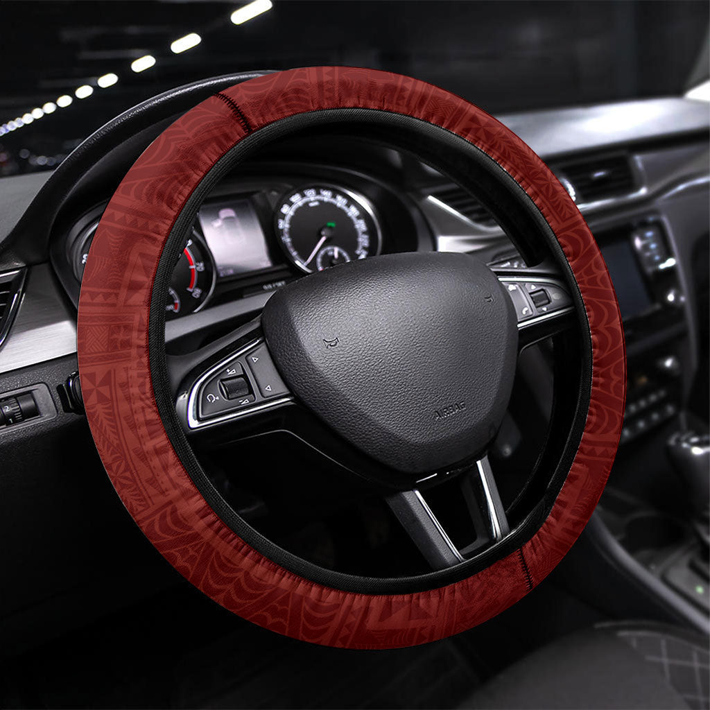 Tonga Ngatu Motifs Steering Wheel Cover With Coat Of Arms Red LT05 Universal Fit Red - Polynesian Pride