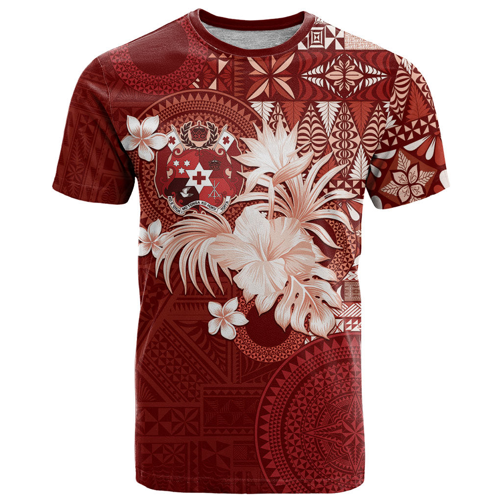Tonga Ngatu Motifs T Shirt With Coat Of Arms Red LT05 Red - Polynesian Pride