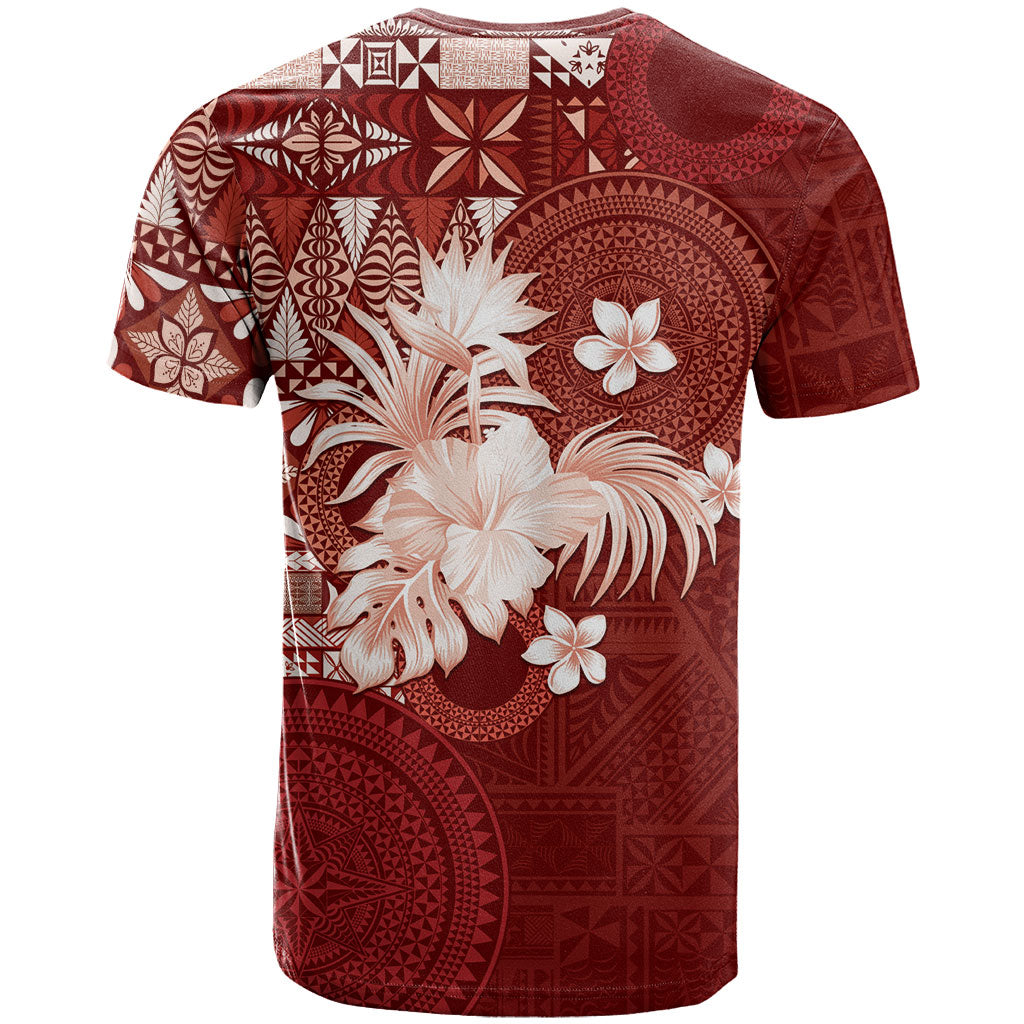Tonga Ngatu Motifs T Shirt With Coat Of Arms Red LT05 - Polynesian Pride
