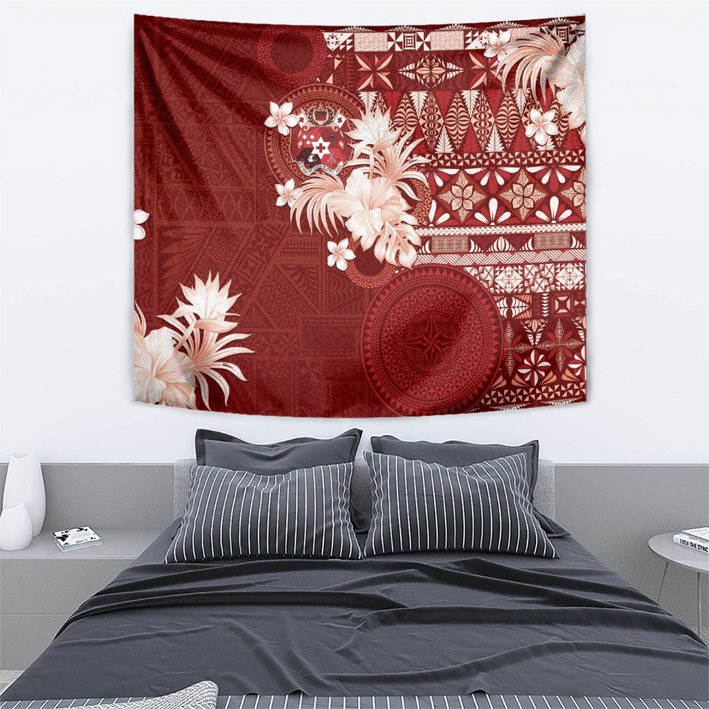 Tonga Ngatu Motifs Tapestry With Coat Of Arms Red LT05 - Polynesian Pride