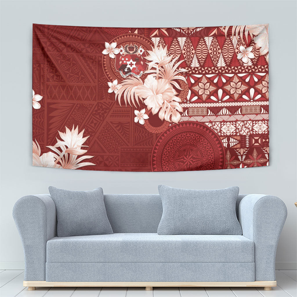 Tonga Ngatu Motifs Tapestry With Coat Of Arms Red LT05 - Polynesian Pride