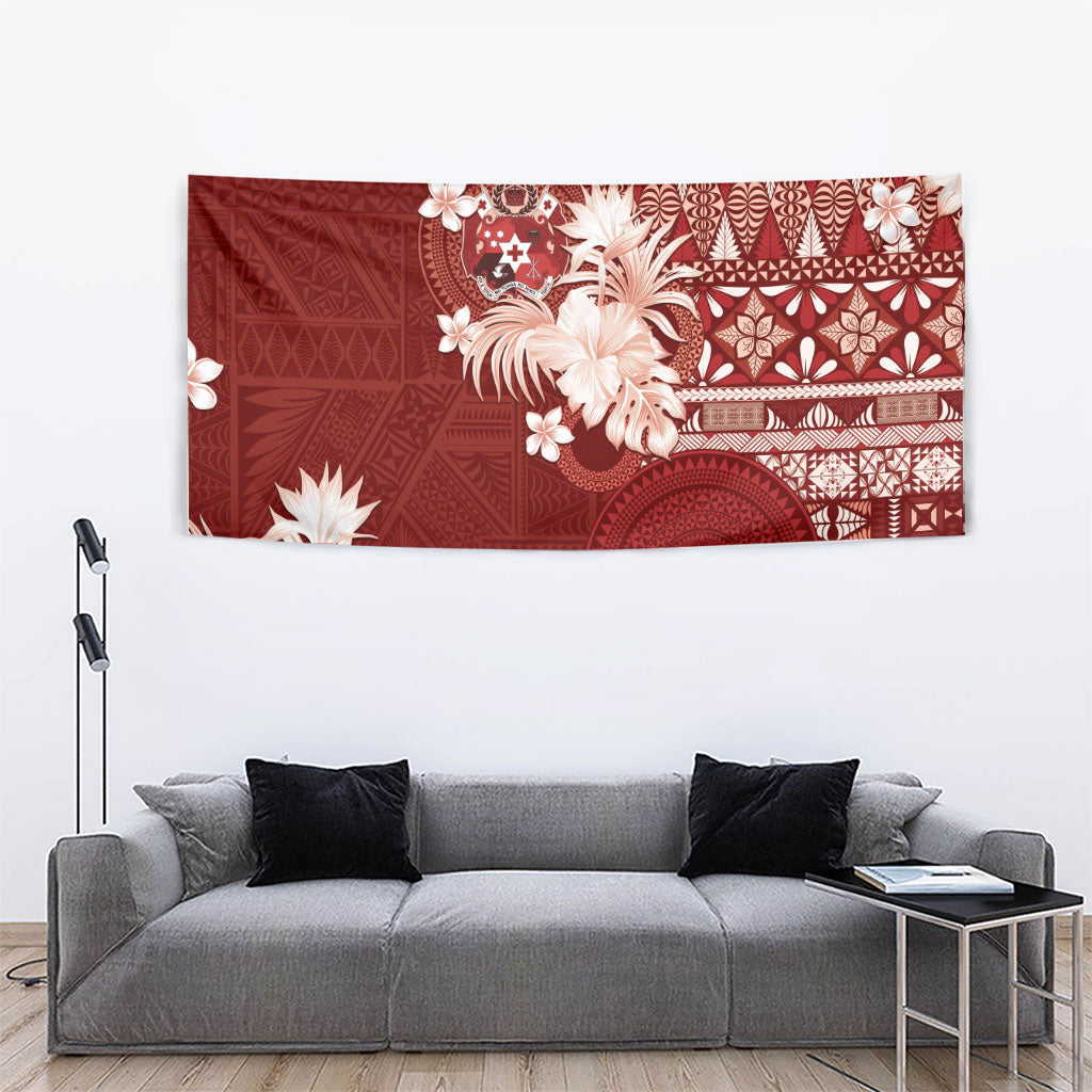 Tonga Ngatu Motifs Tapestry With Coat Of Arms Red LT05 - Polynesian Pride