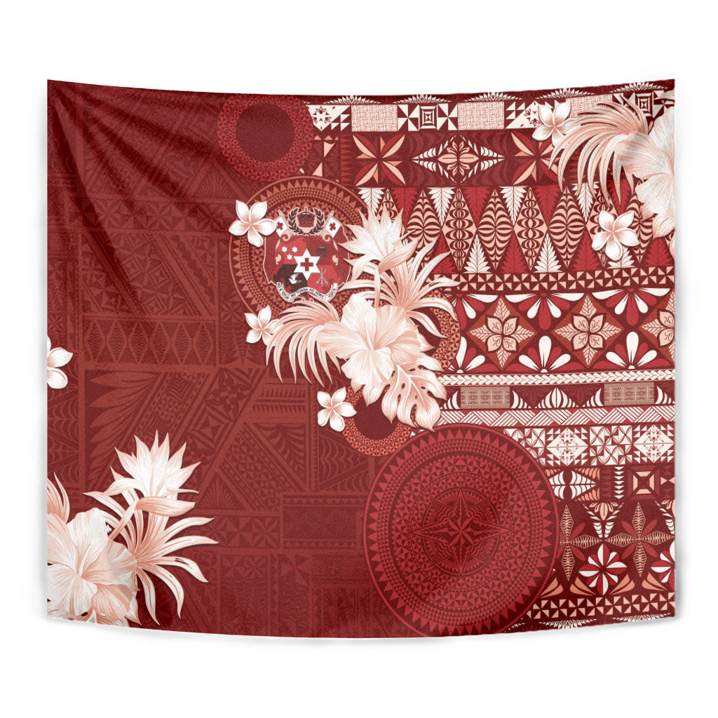 Tonga Ngatu Motifs Tapestry With Coat Of Arms Red LT05 - Polynesian Pride