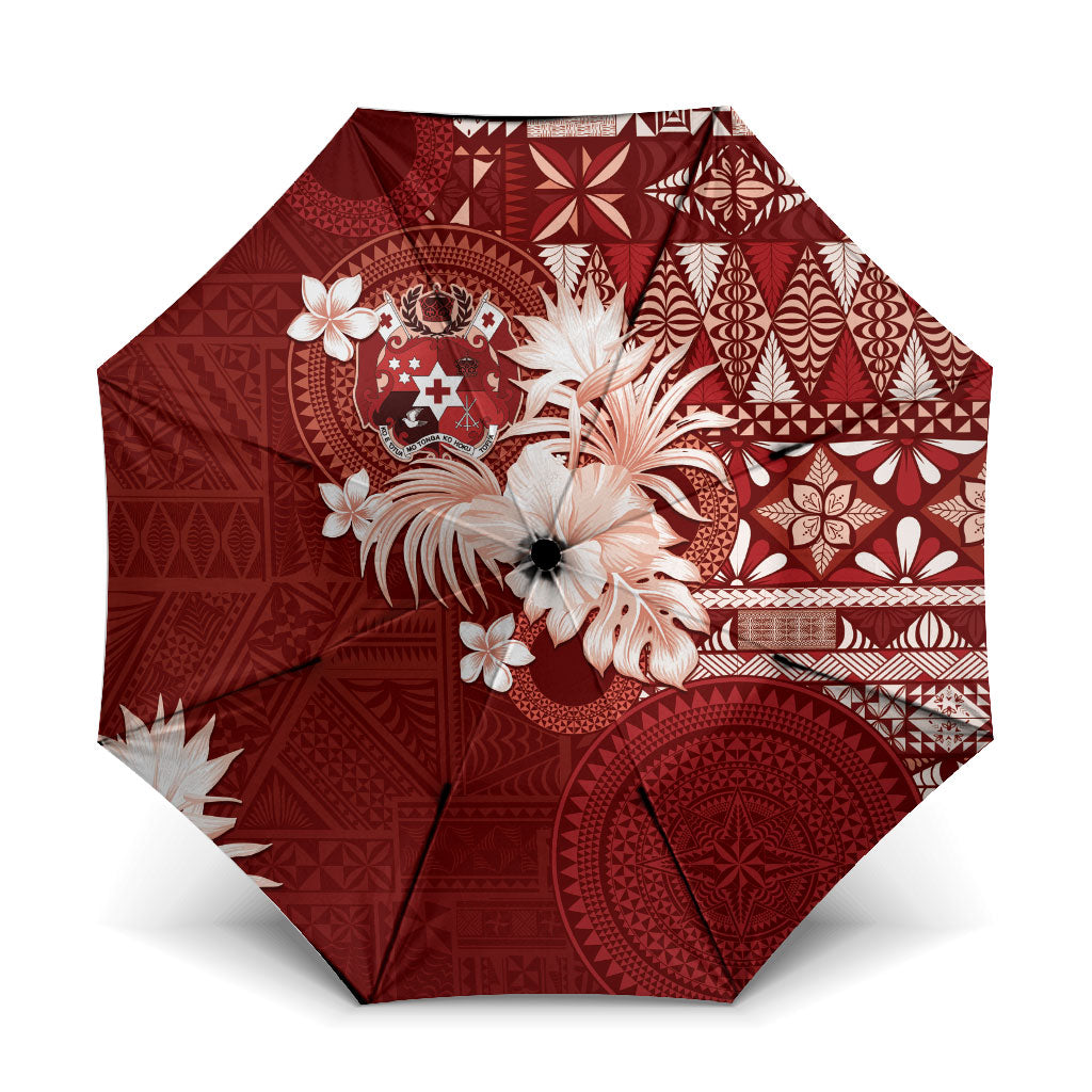 Tonga Ngatu Motifs Umbrella With Coat Of Arms Red LT05 One Size Folded 11.42 inch Opened Diameter 37.4 inch Red - Polynesian Pride
