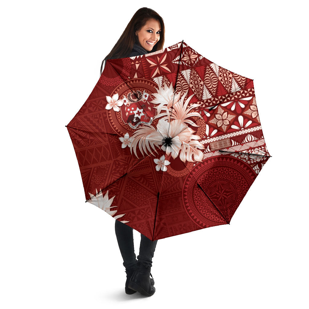 Tonga Ngatu Motifs Umbrella With Coat Of Arms Red LT05 - Polynesian Pride